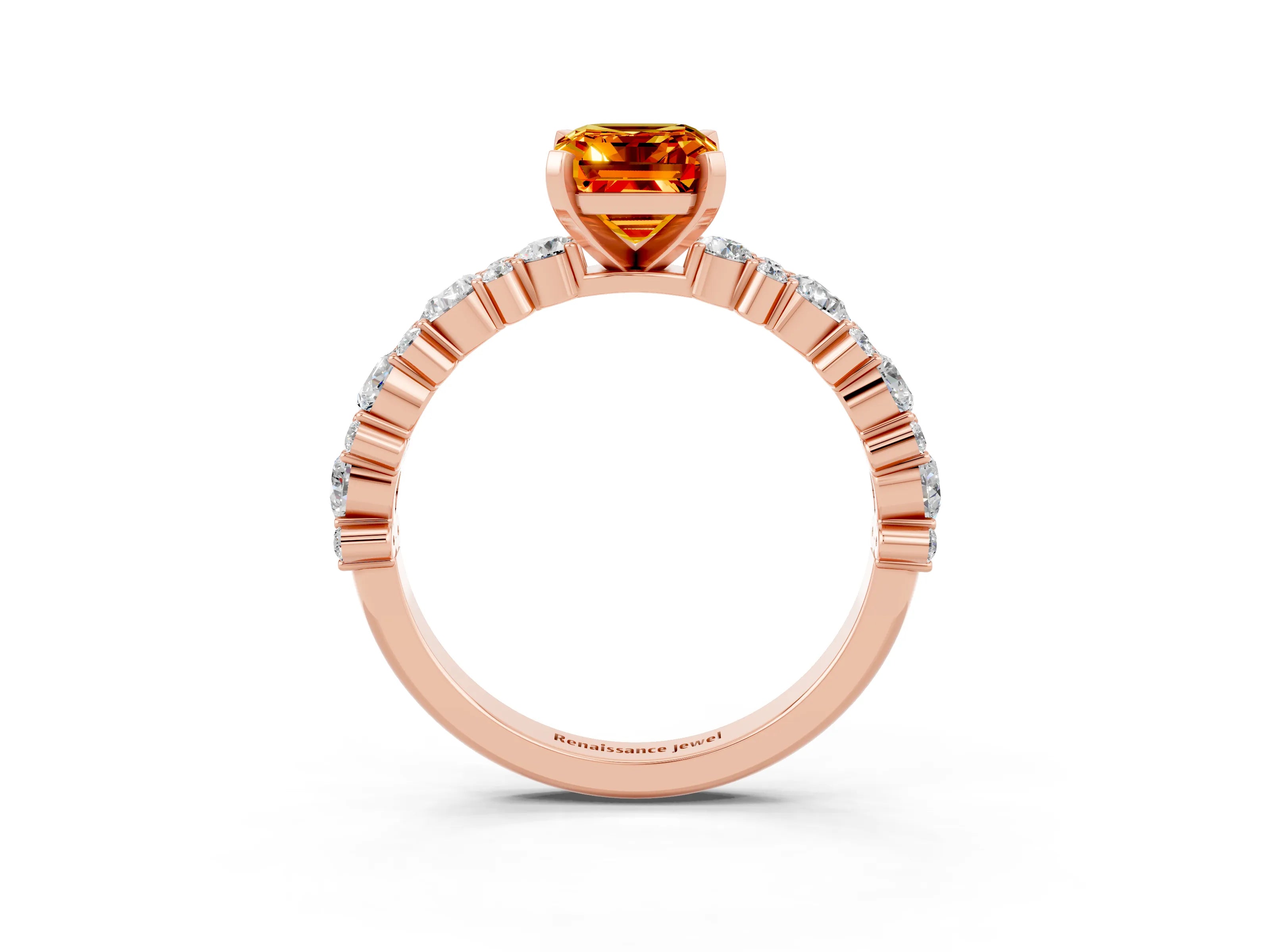 Rose gold Emerald Cut Citrine Solitaire with Side Stones, Pave Band, Four-Prong Setting_51