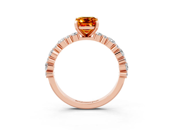 Rose gold Emerald Cut Citrine Side Stone Solitaire Ring with Round  and Four-Prong Setting