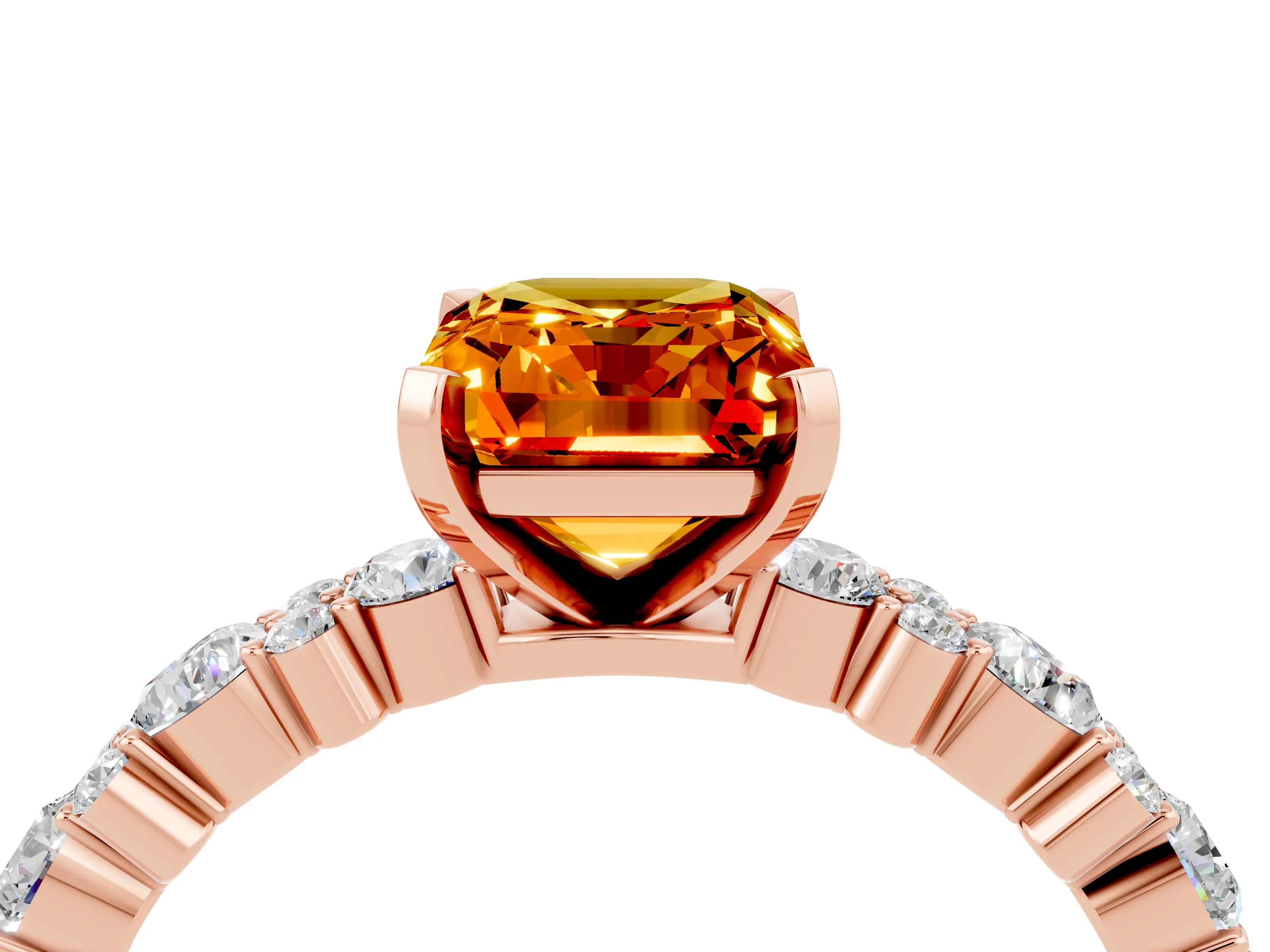 Rose gold Emerald Cut Citrine Solitaire with Side Stones, Pave Band, Four-Prong Setting_52