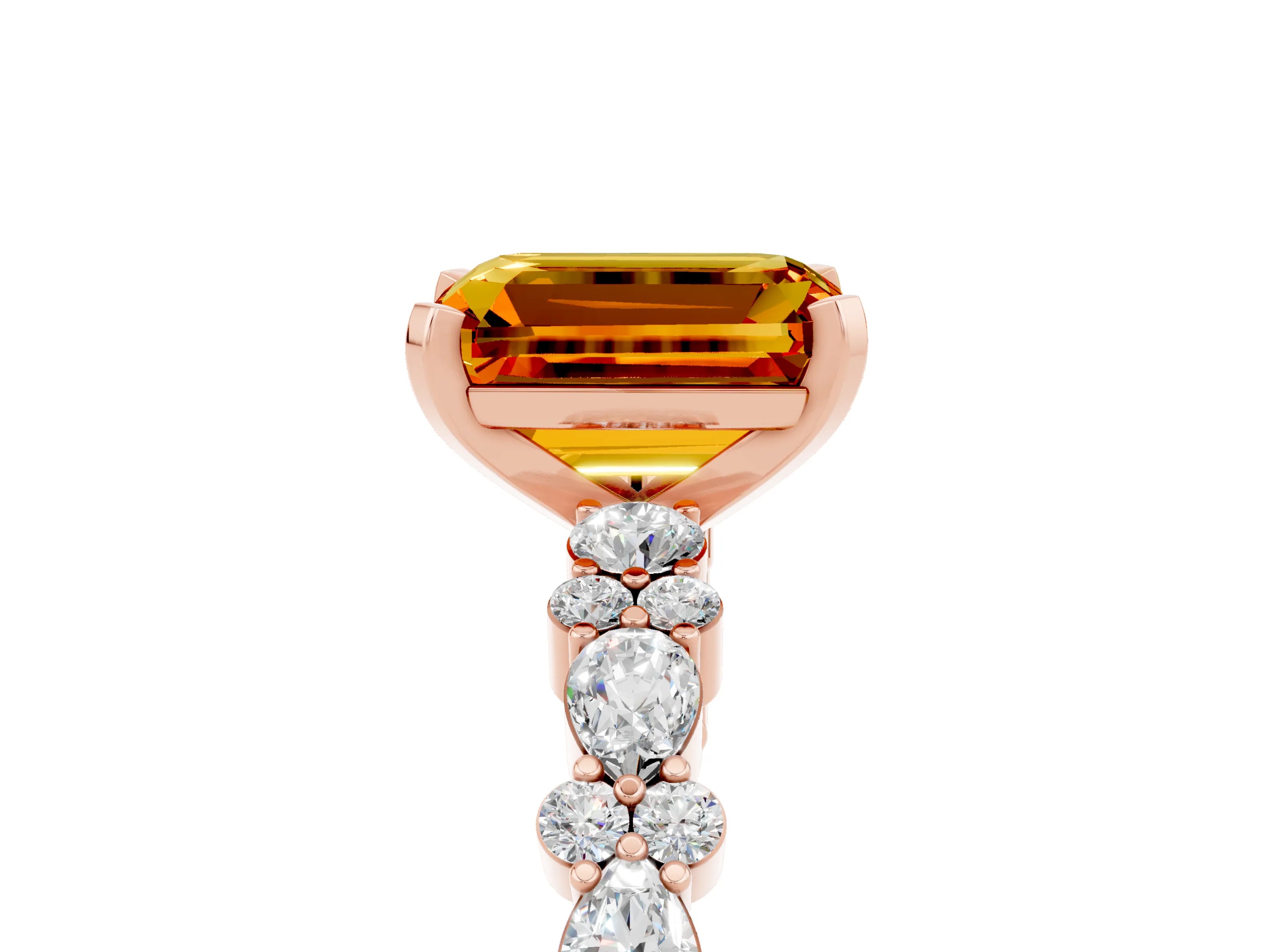 Rose gold Emerald Cut Citrine Solitaire with Side Stones, Pave Band, Four-Prong Setting_53