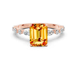 Rose gold Emerald Cut Citrine Solitaire with Side Stones on a Pavé Band and Four-Prong Setting