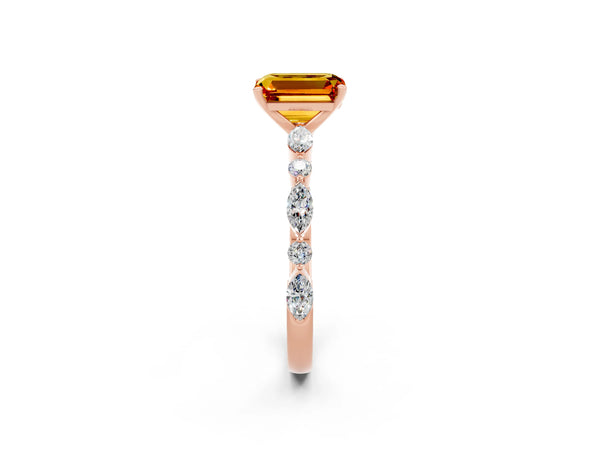 Rose gold Emerald Cut Citrine Ring with Marquise and Round  Side Stones and Four-Prong Setting