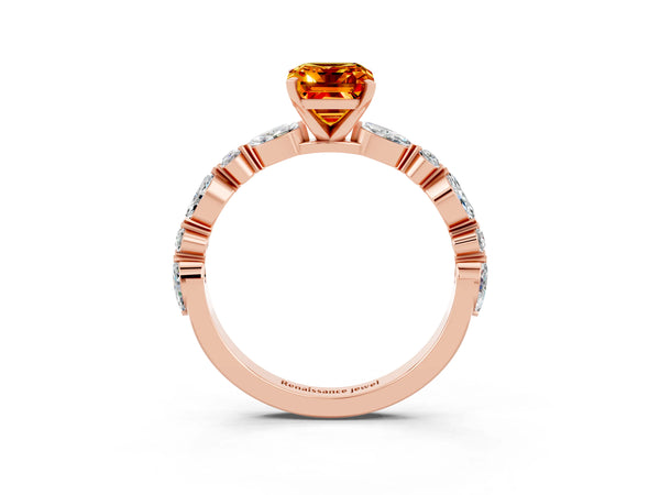 Rose gold Emerald Cut Citrine Ring with Marquise and Round  Side Stones and Four-Prong Setting