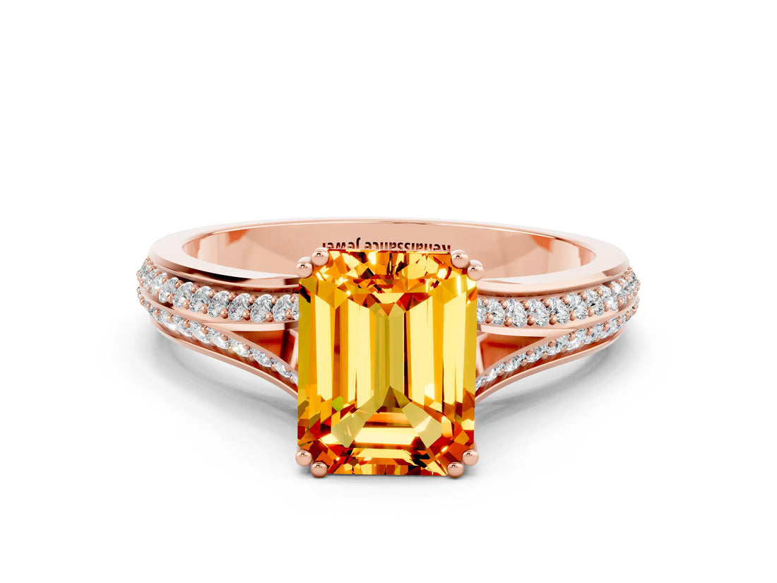 Rose gold Emerald Cut Citrine Split Shank Engagement Ring with Pavé Band