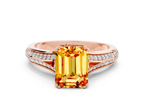 Rose gold Emerald Cut Citrine Split Shank Engagement Ring with Pavé Band