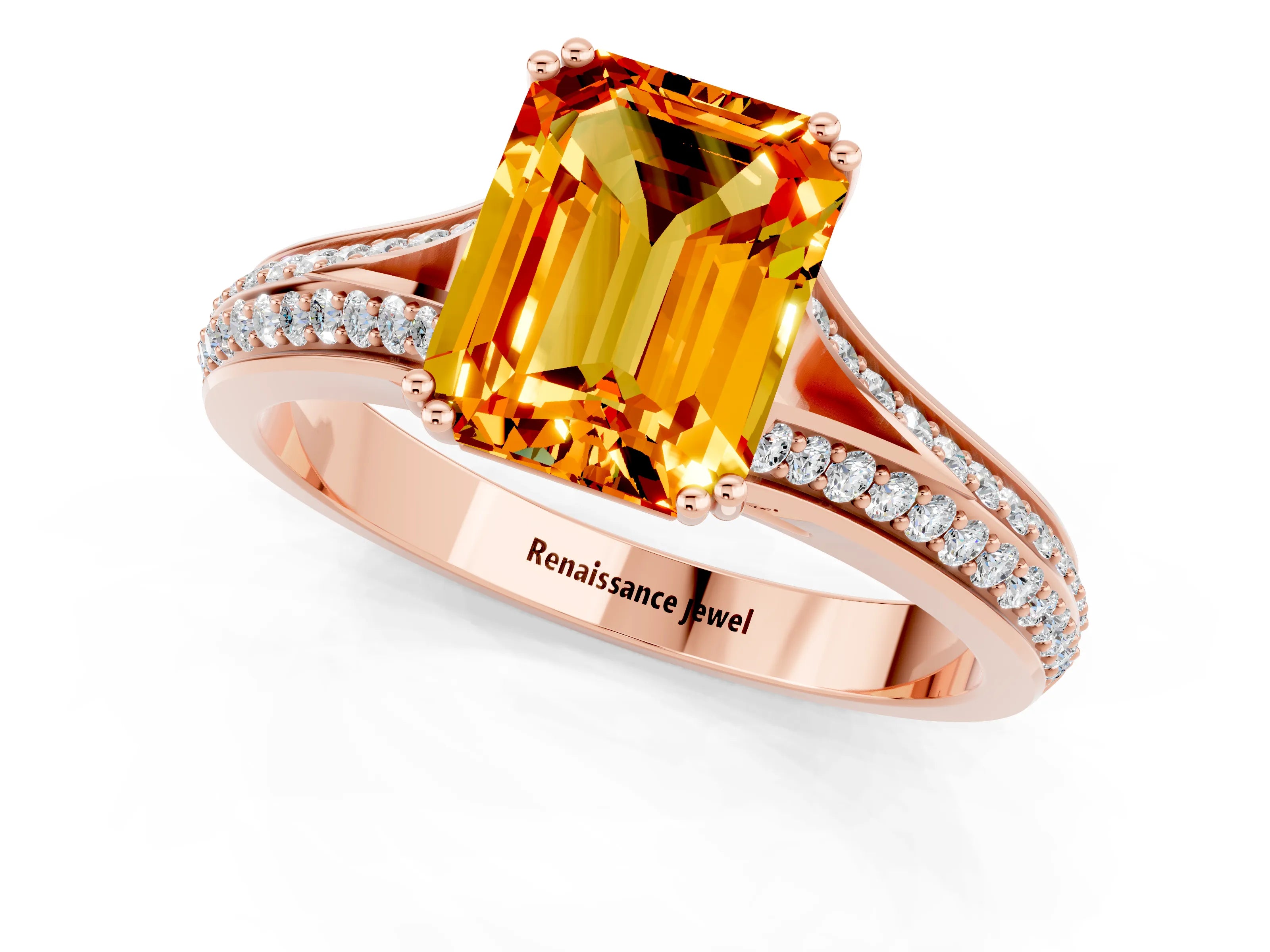 Rose gold Emerald Cut Citrine Split Shank Engagement Ring with Pavé Band_1