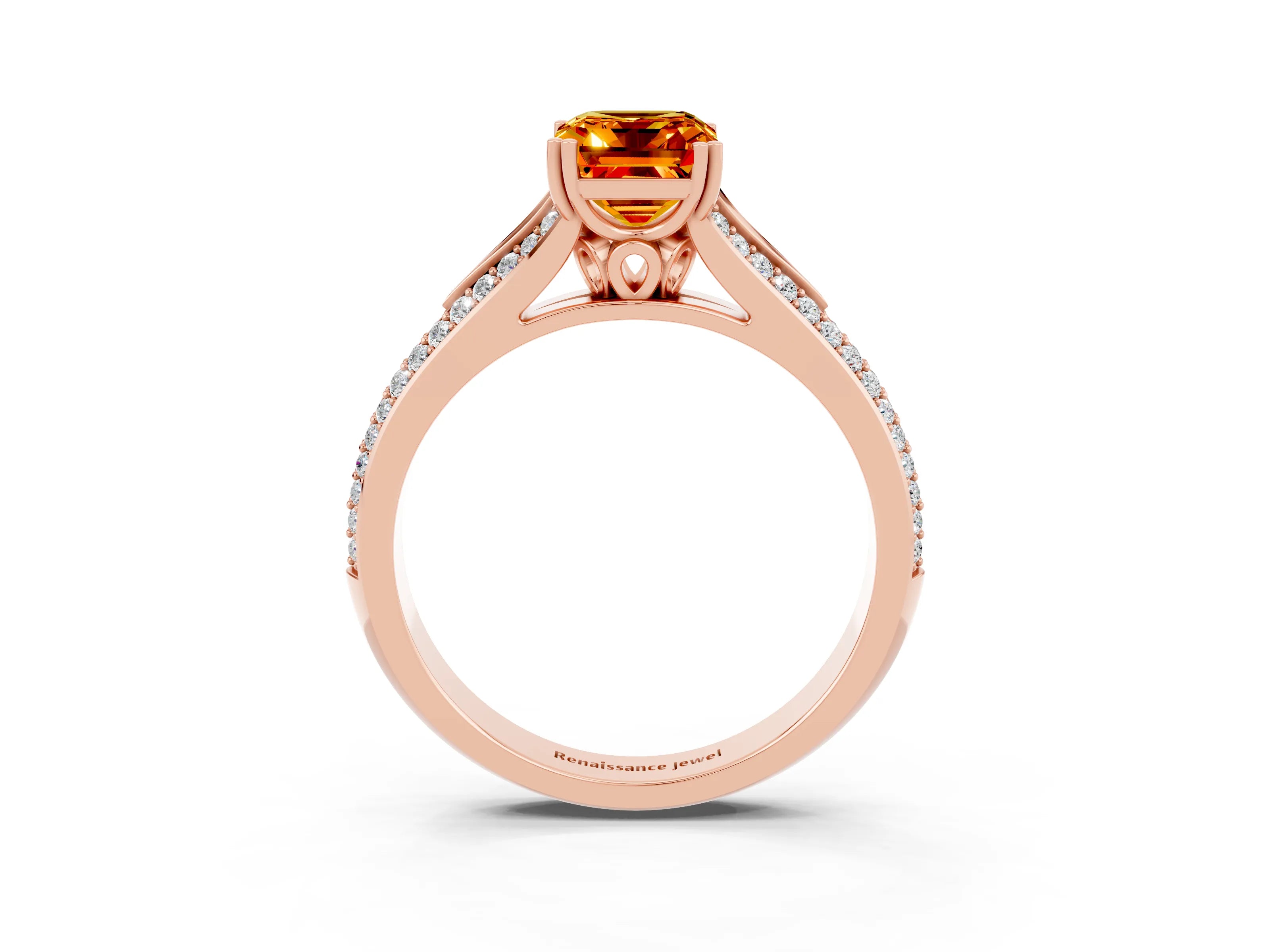 Rose gold Emerald Cut Citrine Split Shank Engagement Ring with Pavé Band_3