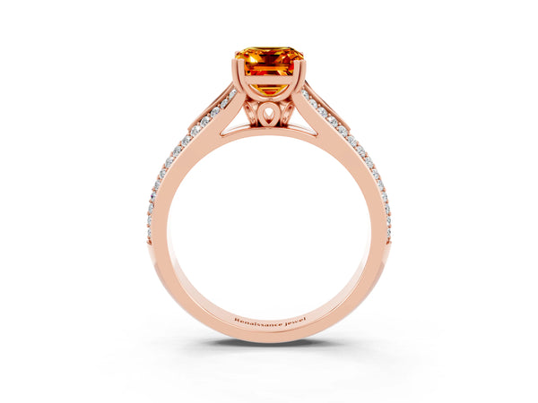 Rose gold Emerald Cut Citrine Split Shank Engagement Ring with Pavé Band