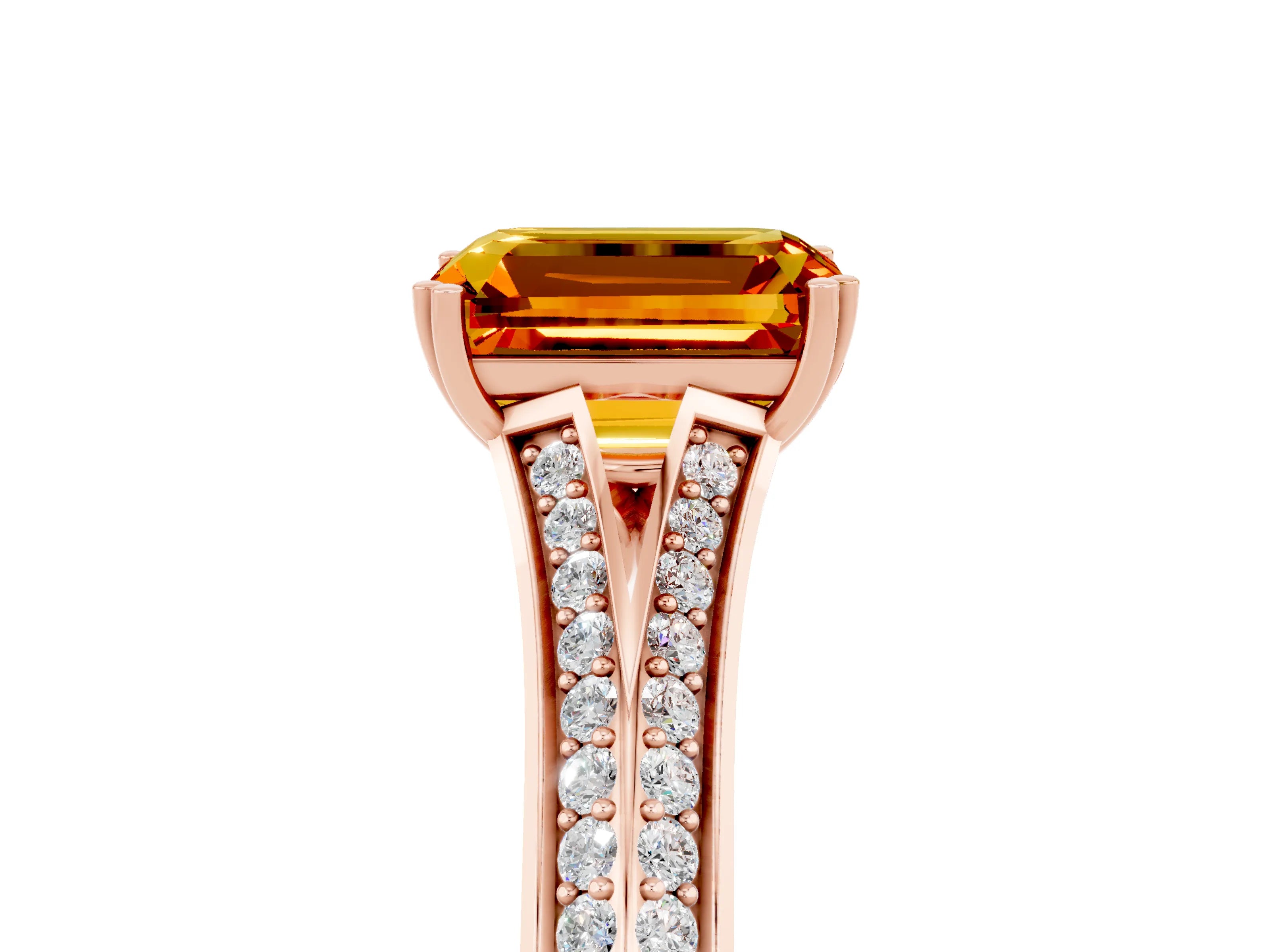 Rose gold Emerald Cut Citrine Split Shank Engagement Ring with Pavé Band_5
