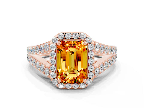 Rose gold Emerald Cut Citrine Split Shank Halo Ring with Four-Prong Setting_12