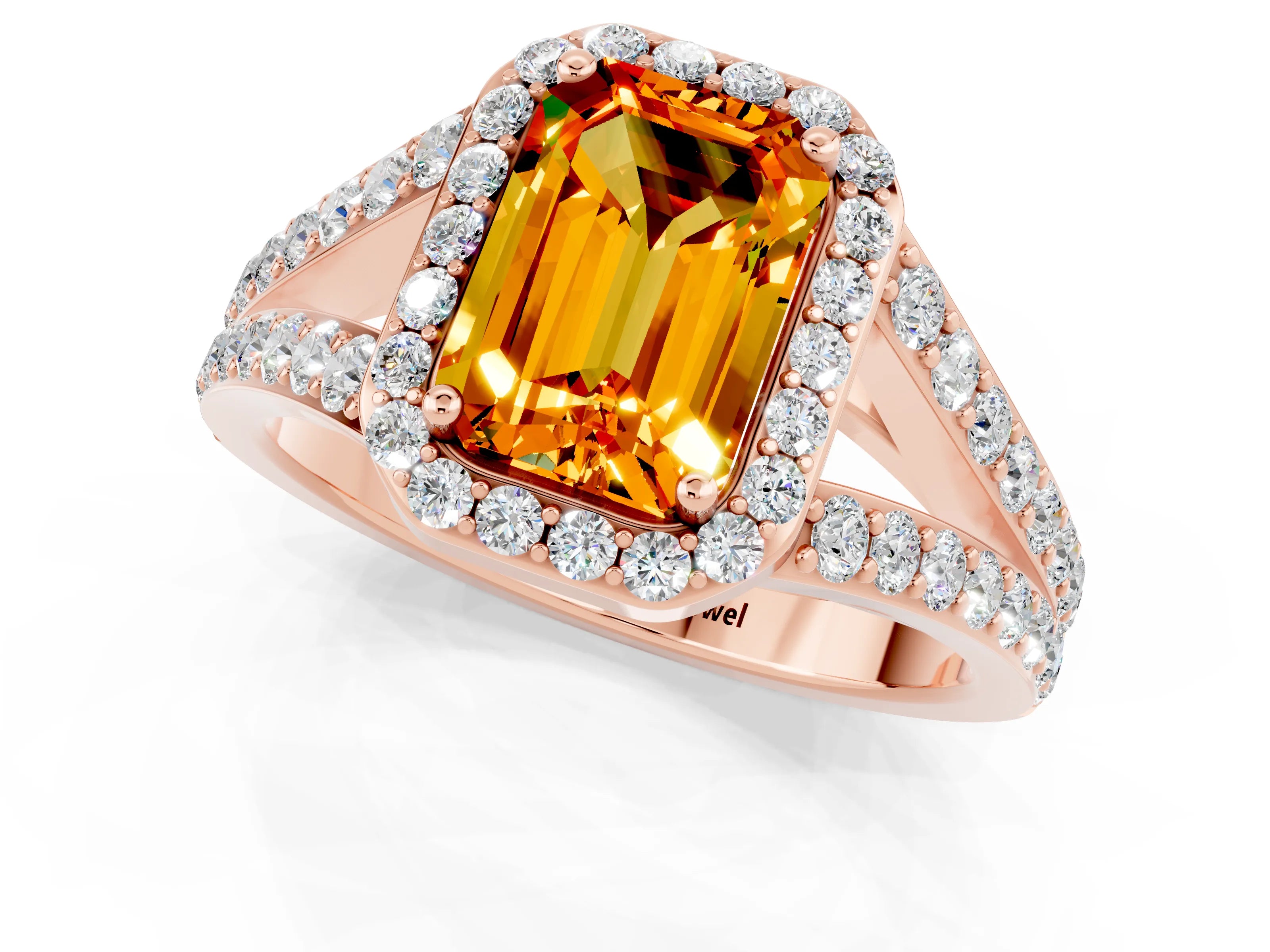 Rose gold Emerald Cut Citrine Split Shank Halo Ring with Four-Prong Setting_13