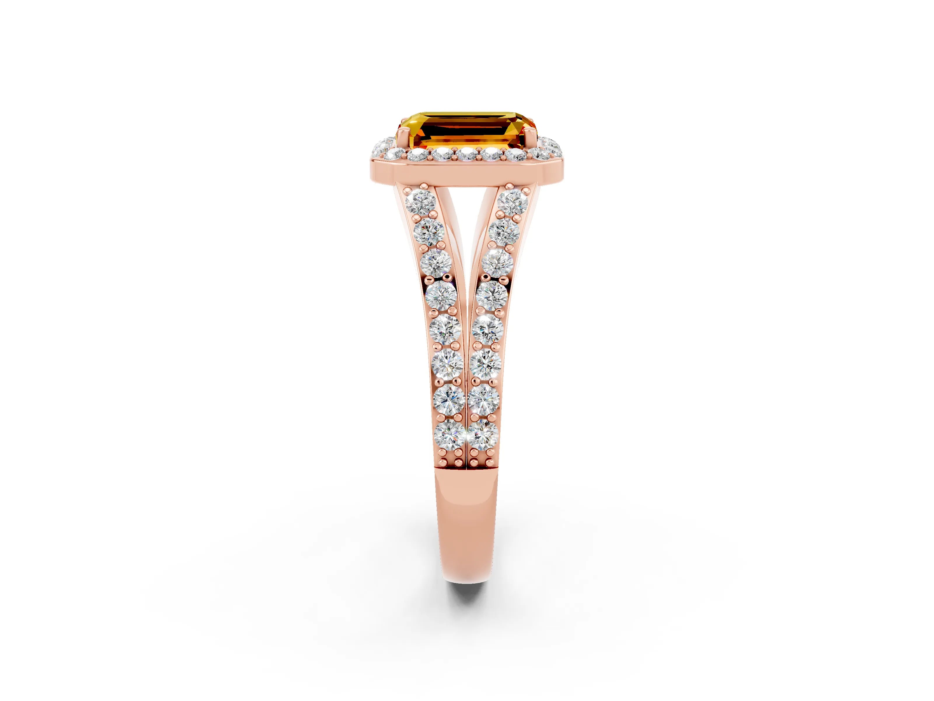 Rose gold Emerald Cut Citrine Split Shank Halo Ring with Four-Prong Setting_14