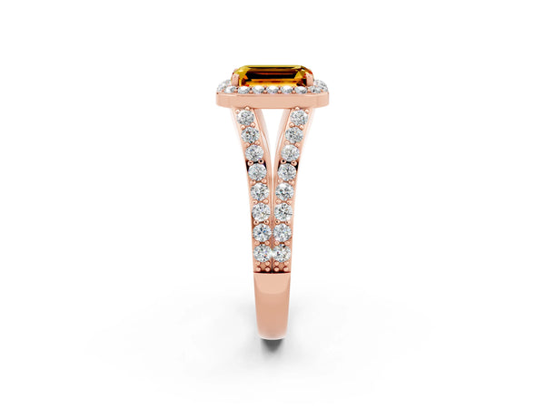 Rose gold Emerald Cut Citrine Split Shank Halo Ring with Four-Prong Setting