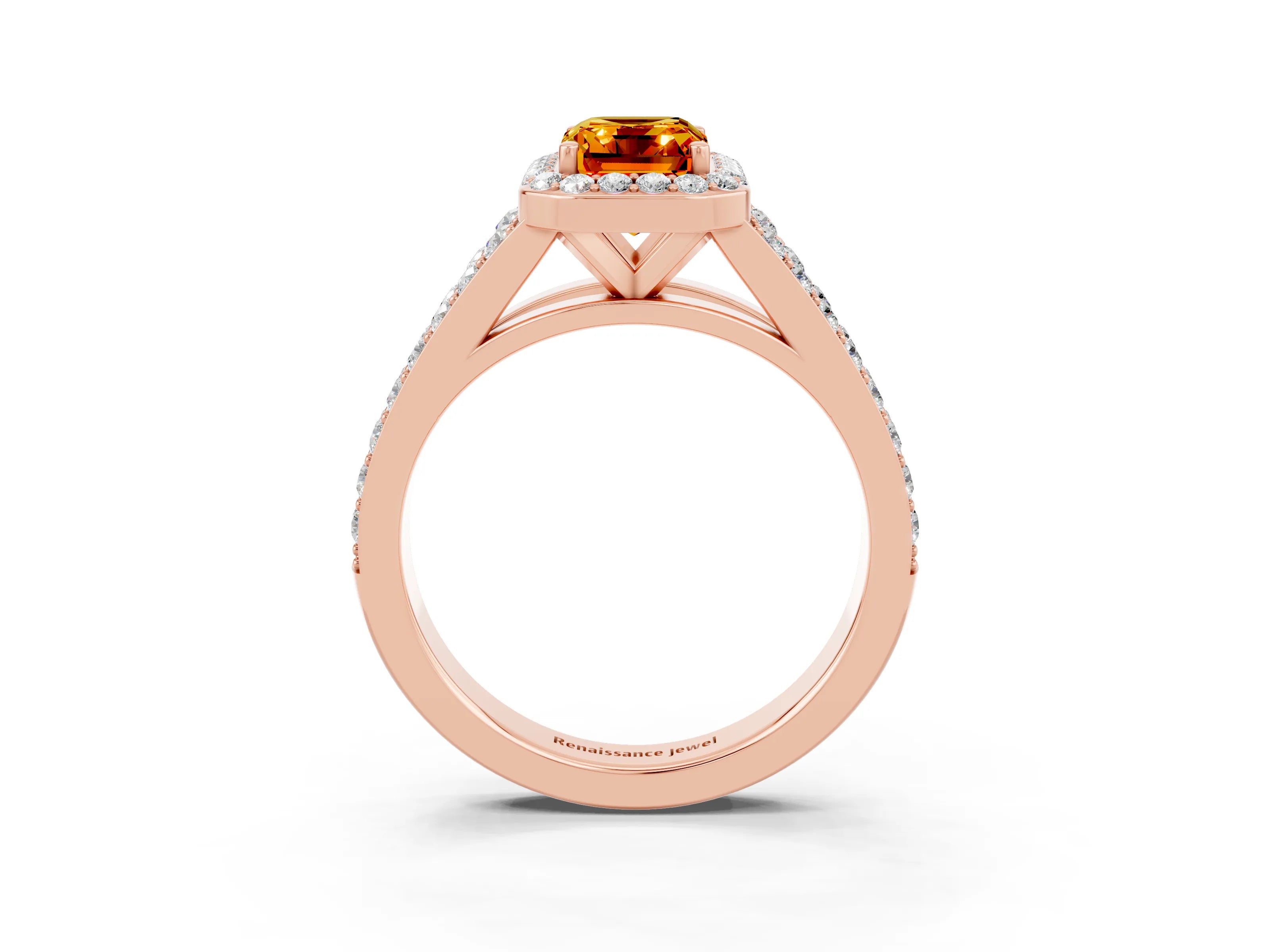 Rose gold Emerald Cut Citrine Split Shank Halo Ring with Four-Prong Setting_15