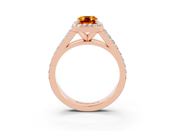 Rose gold Emerald Cut Citrine Split Shank Halo Ring with Four-Prong Setting