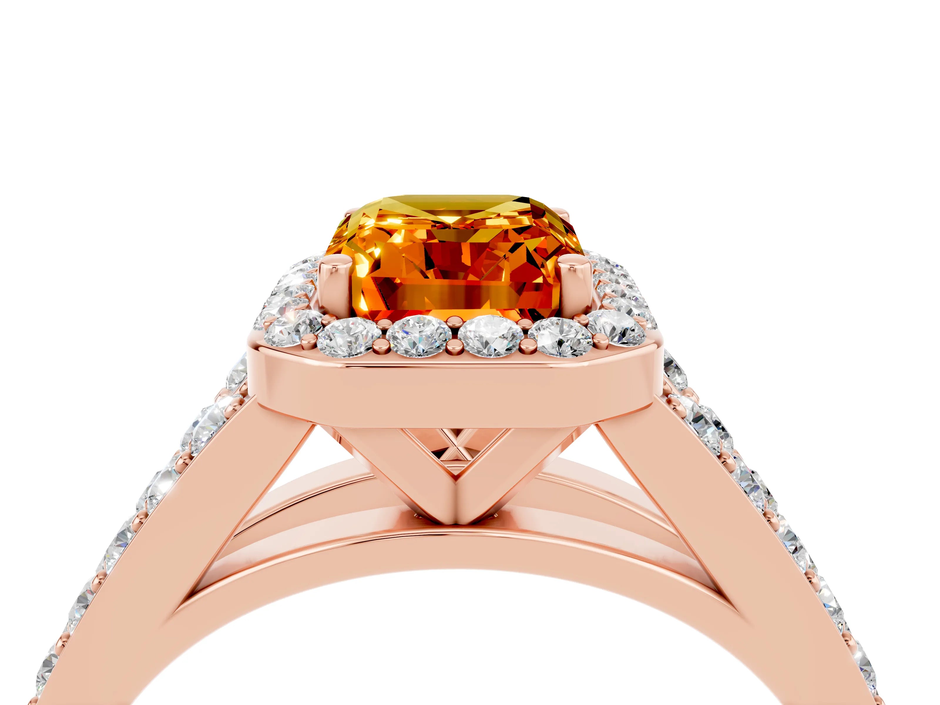 Rose gold Emerald Cut Citrine Split Shank Halo Ring with Four-Prong Setting_16