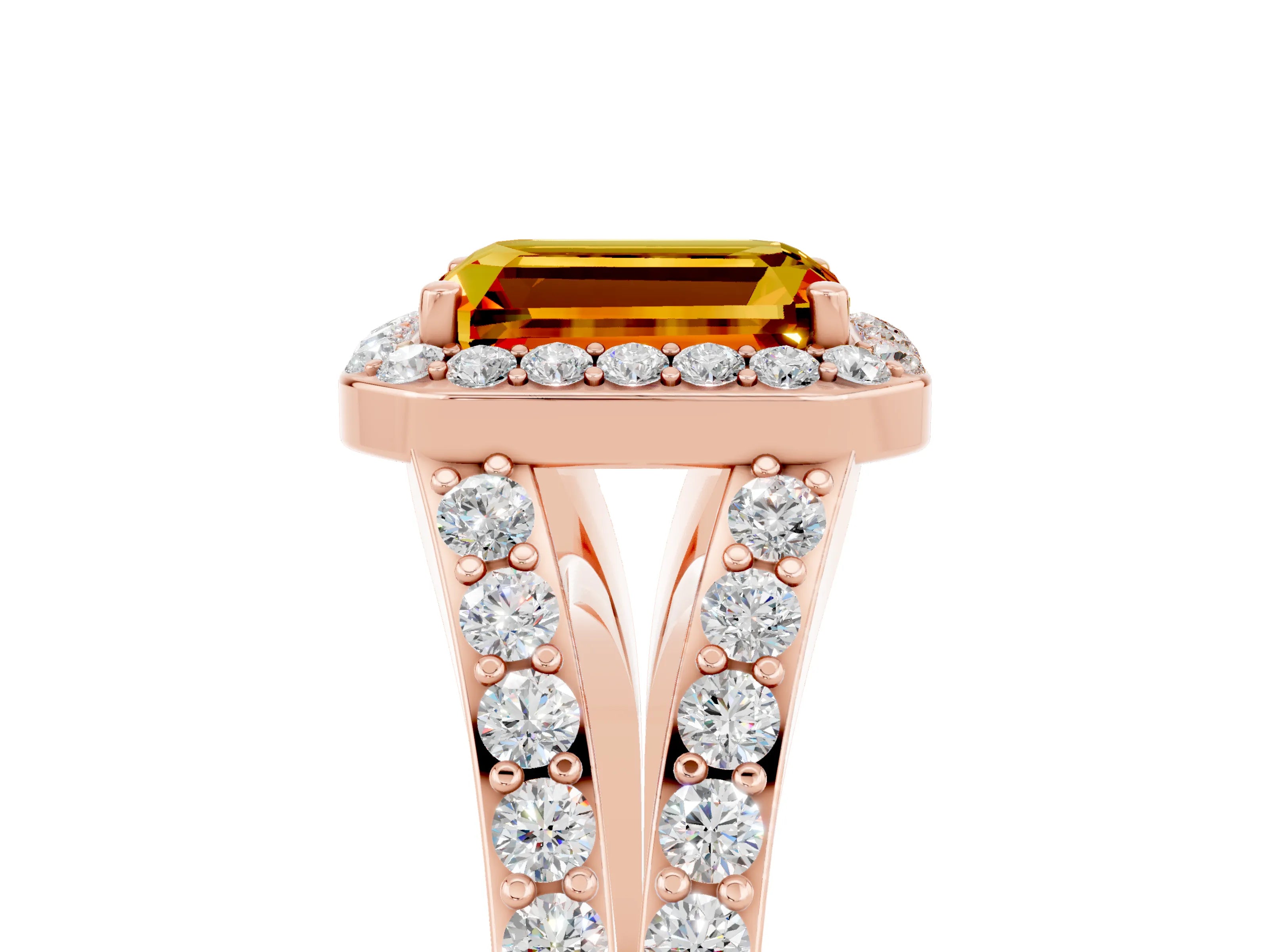 Rose gold Emerald Cut Citrine Split Shank Halo Ring with Four-Prong Setting_17