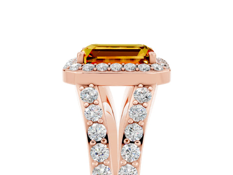 Rose gold Emerald Cut Citrine Split Shank Halo Ring with Four-Prong Setting_17