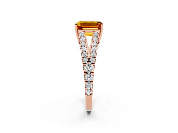 Rose gold Emerald Cut Citrine Split Shank Pavé Engagement Ring with Four-Prong Setting