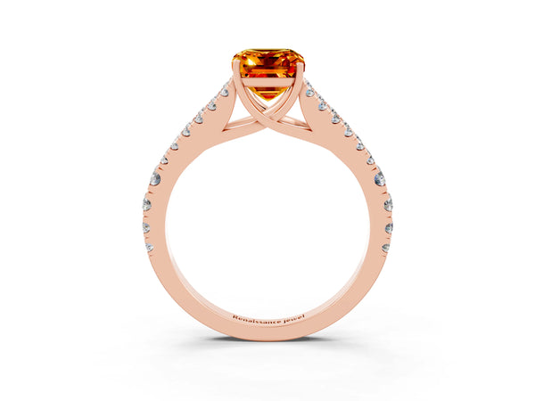Rose gold Emerald Cut Citrine Split Shank Pavé Engagement Ring with Four-Prong Setting