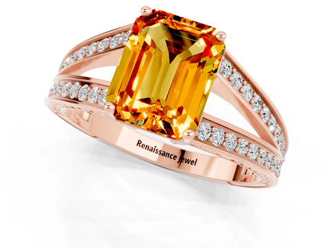 Rose gold Emerald Cut Citrine Split Shank Ring with Pavé Band and Four-Prong Setting_1