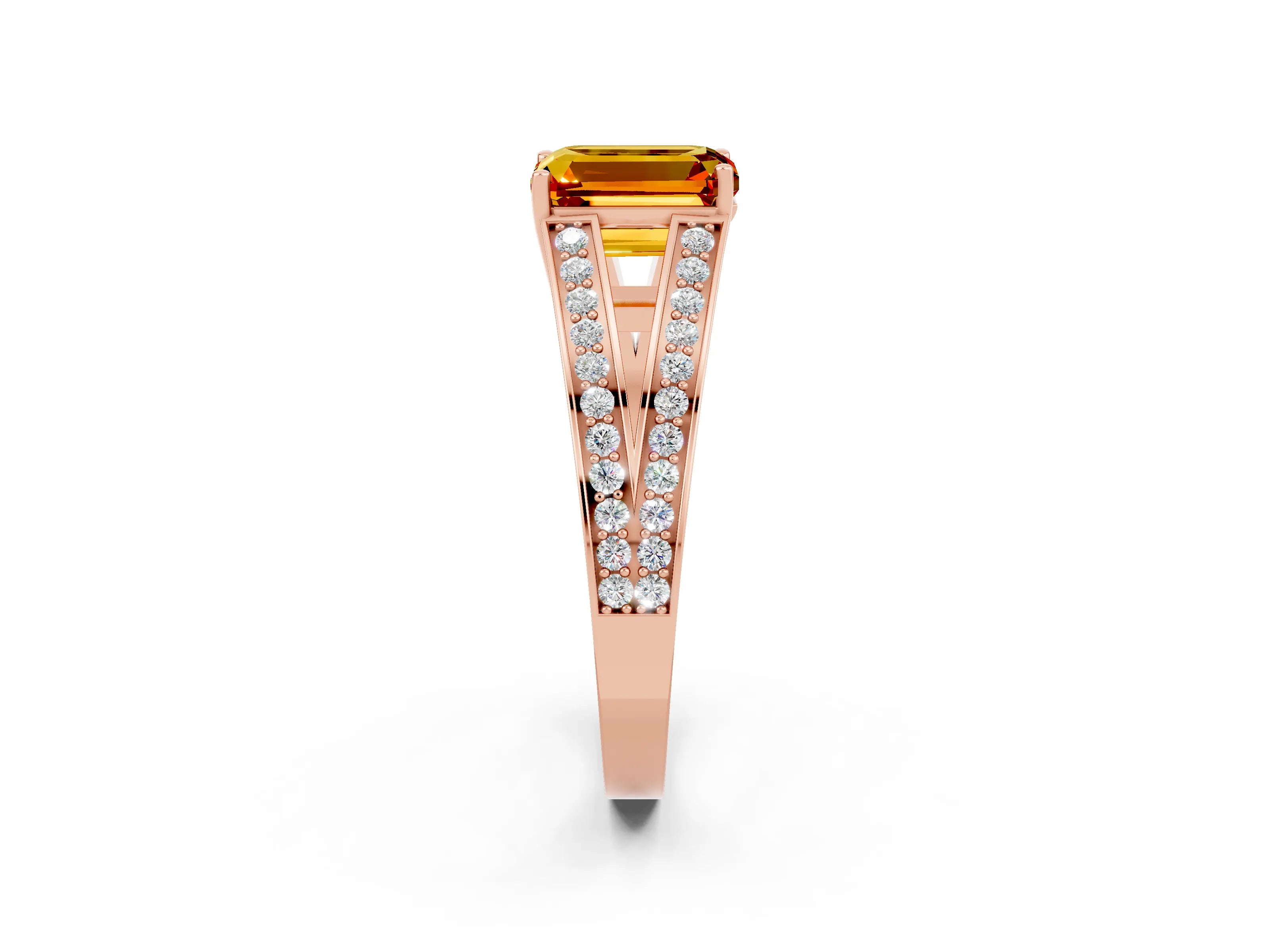 Rose gold Emerald Cut Citrine Split Shank Ring with Pavé Band and Four-Prong Setting_2