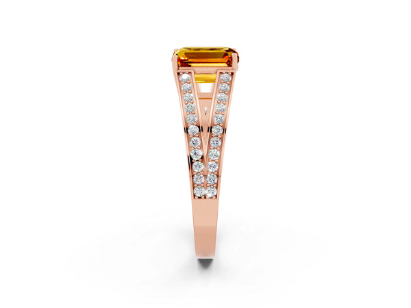 Rose gold Emerald Cut Citrine Split Shank Ring with Pavé Band and Four-Prong Setting