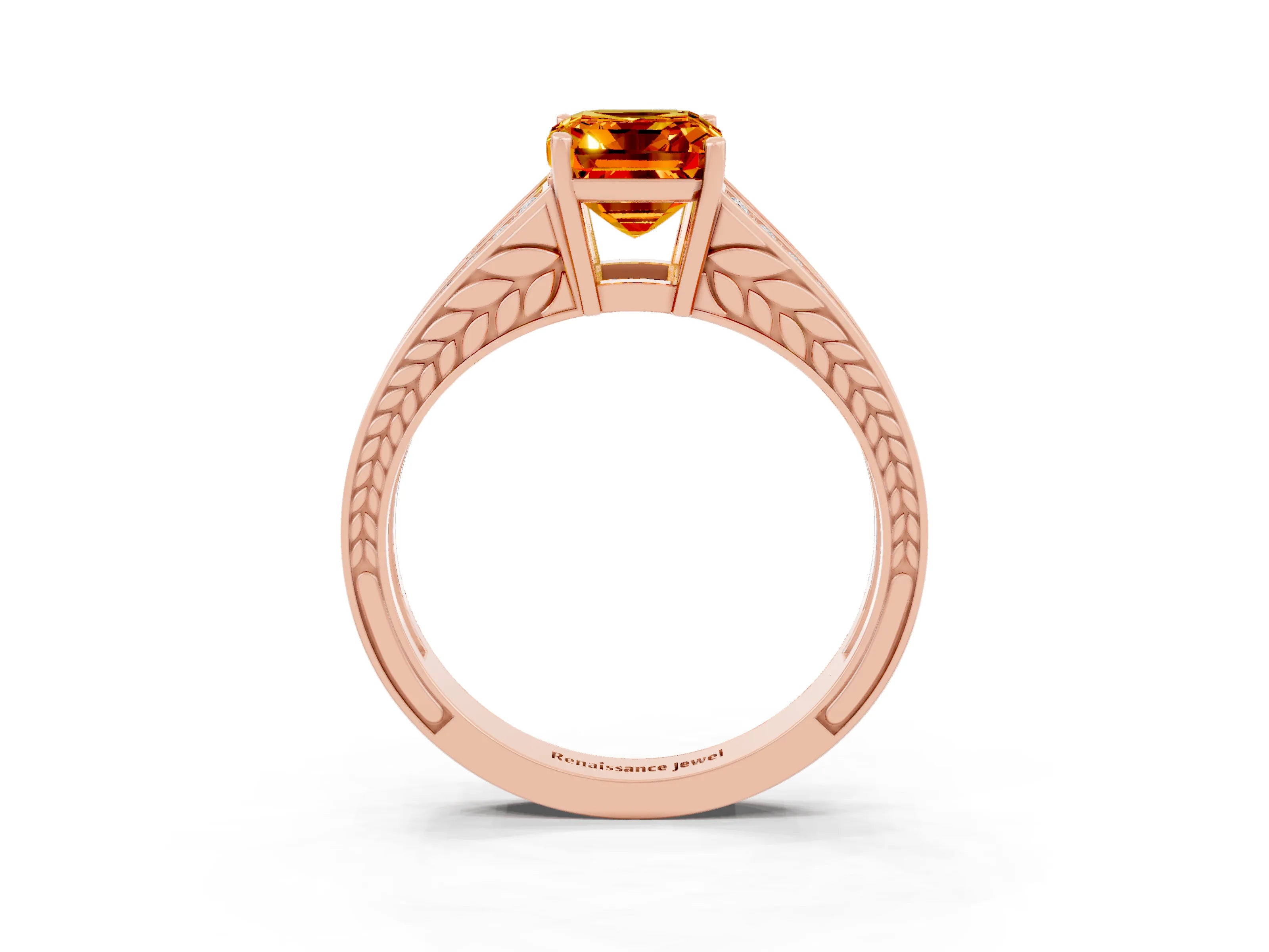 Rose gold Emerald Cut Citrine Split Shank Ring with Pavé Band and Four-Prong Setting_3