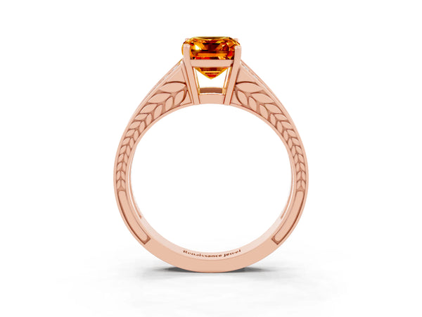 Rose gold Emerald Cut Citrine Split Shank Ring with Pavé Band and Four-Prong Setting