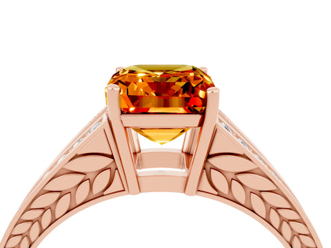 Rose gold Emerald Cut Citrine Split Shank Ring with Pavé Band and Four-Prong Setting_4