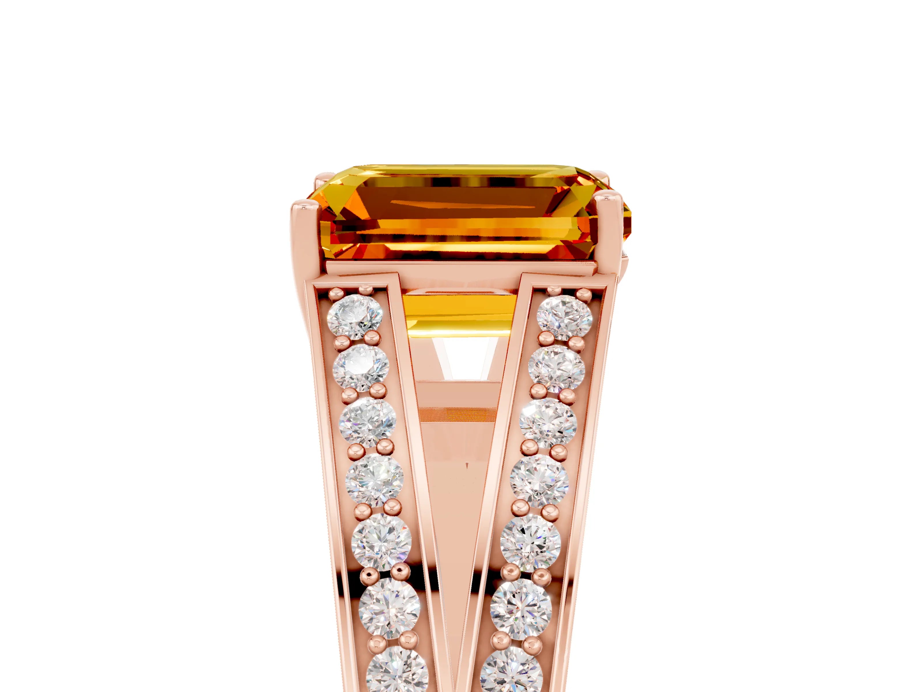 Rose gold Emerald Cut Citrine Split Shank Ring with Pavé Band and Four-Prong Setting_5