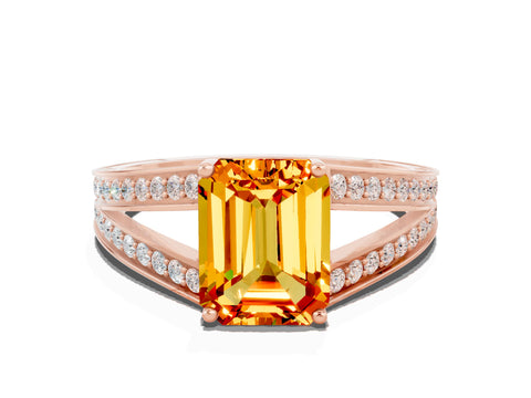 Rose gold Emerald Cut Citrine Split Shank Ring with Pavé Band and Four-Prong Setting
