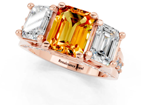 Rose gold Emerald Cut Citrine Three-Stone Ring with Channel Set Band and Four-Prong Setting_1