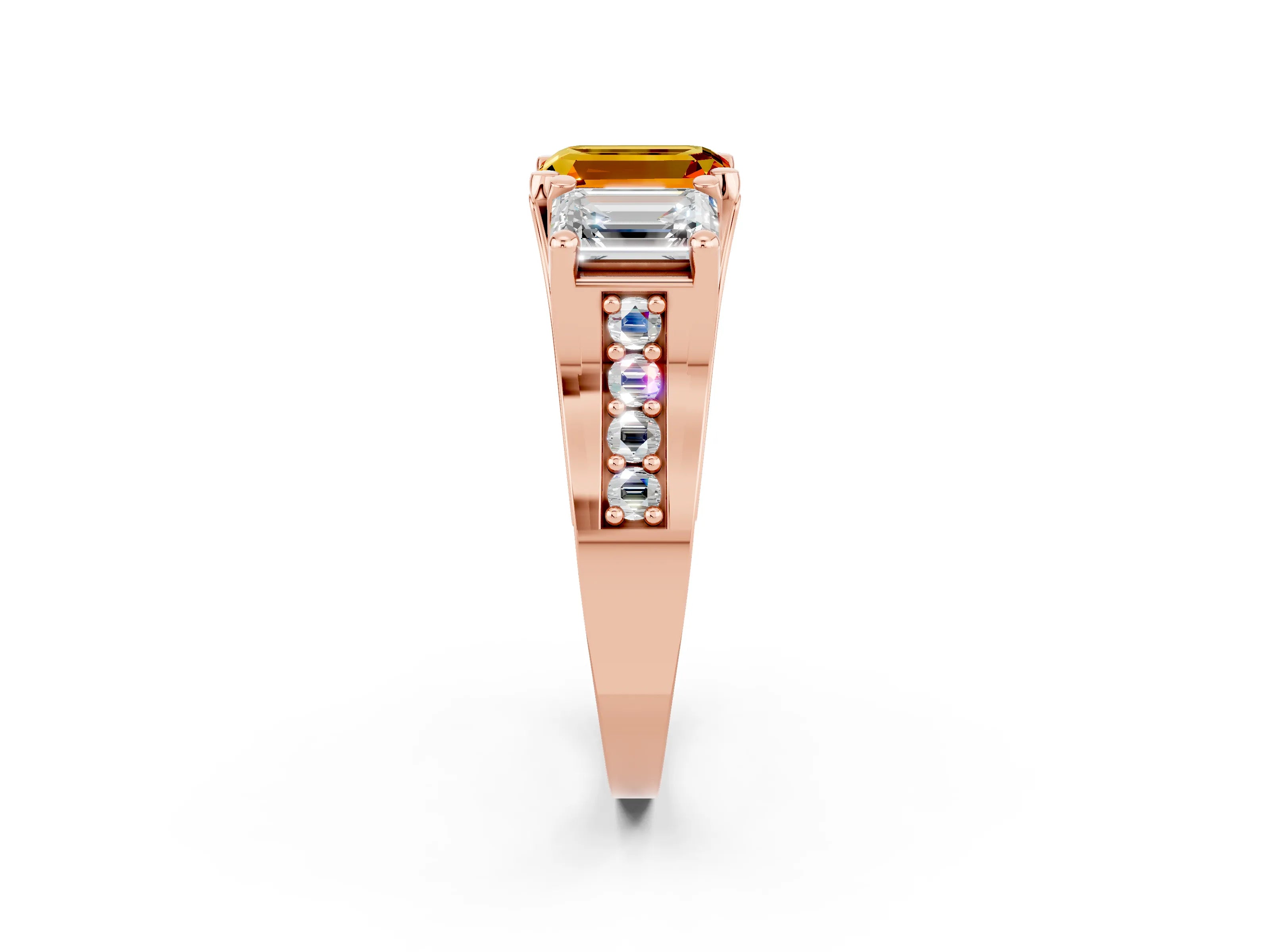 Rose gold Emerald Cut Citrine Three-Stone Ring with Channel Set Band and Four-Prong Setting_2