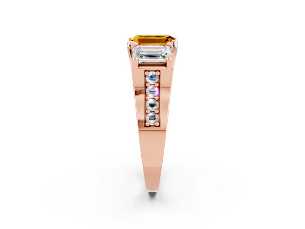 Rose gold Emerald Cut Citrine Three-Stone Ring with Channel Set Band and Four-Prong Setting