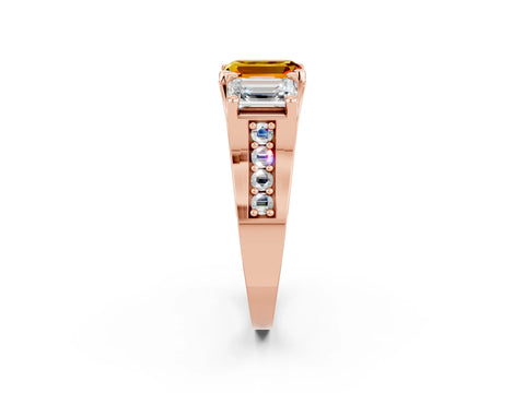 Rose gold Emerald Cut Citrine Three-Stone Ring with Channel Set Band and Four-Prong Setting_2