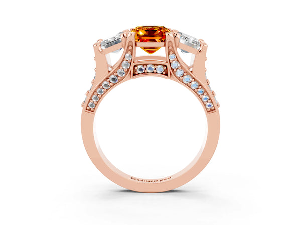 Rose gold Emerald Cut Citrine Three-Stone Ring with Channel Set Band and Four-Prong Setting