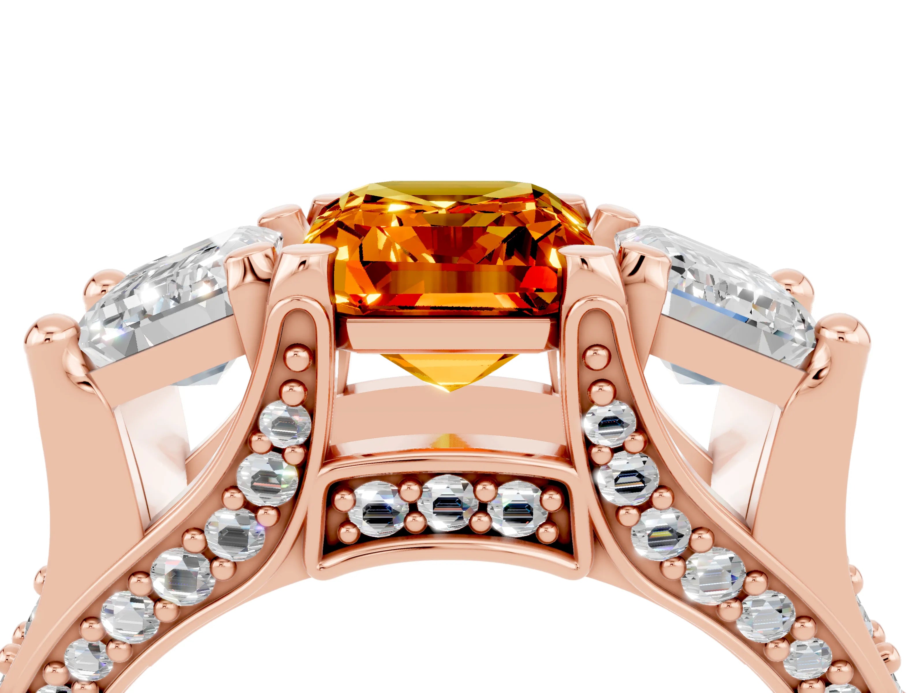 Rose gold Emerald Cut Citrine Three-Stone Ring with Channel Set Band and Four-Prong Setting_4
