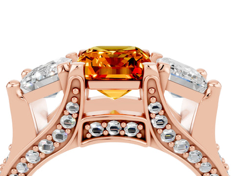 Rose gold Emerald Cut Citrine Three-Stone Ring with Channel Set Band and Four-Prong Setting_4