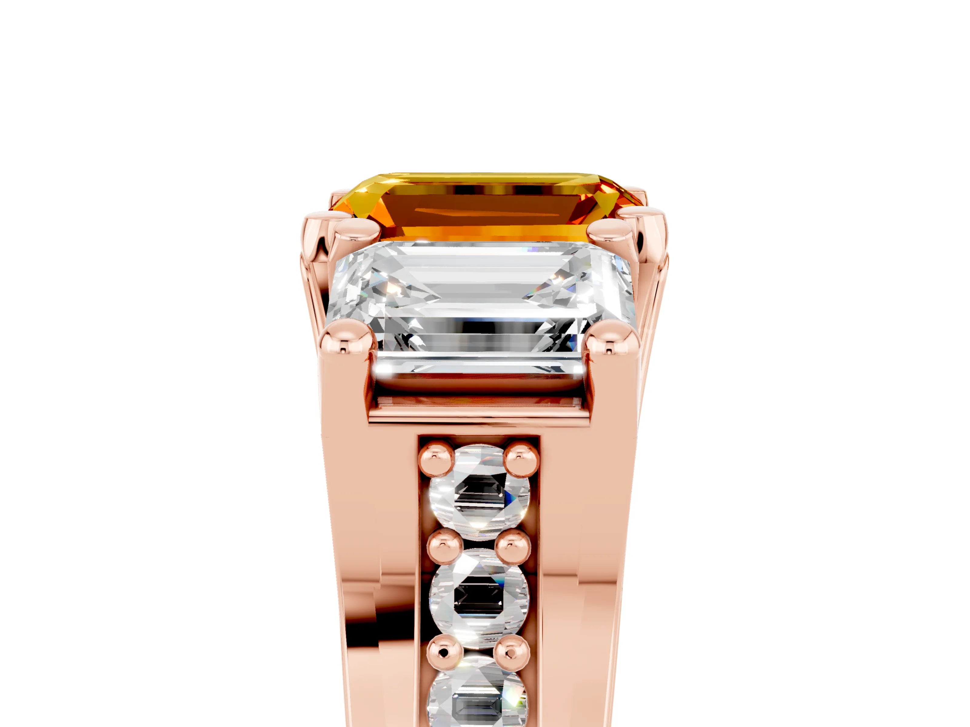 Rose gold Emerald Cut Citrine Three-Stone Ring with Channel Set Band and Four-Prong Setting_5
