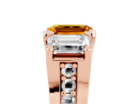 Rose gold Emerald Cut Citrine Three-Stone Ring with Channel Set Band and Four-Prong Setting_5