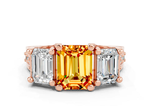 Rose gold Emerald Cut Citrine Three-Stone Ring with Channel Set Band and Four-Prong Setting