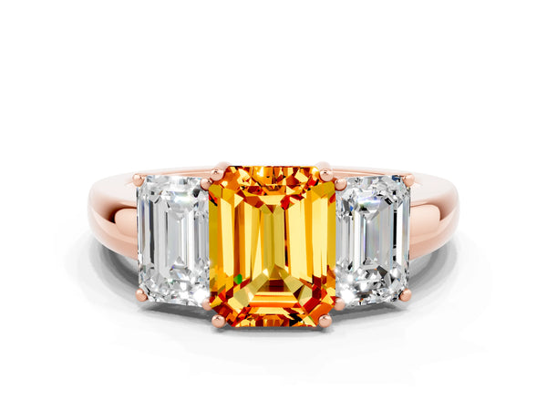 Rose gold Emerald Cut Citrine Three-Stone Ring with Four-Prong Setting and Classic Band