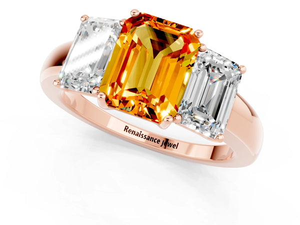 Rose gold Emerald Cut Citrine Three-Stone Ring with Four-Prong Setting and Classic Band