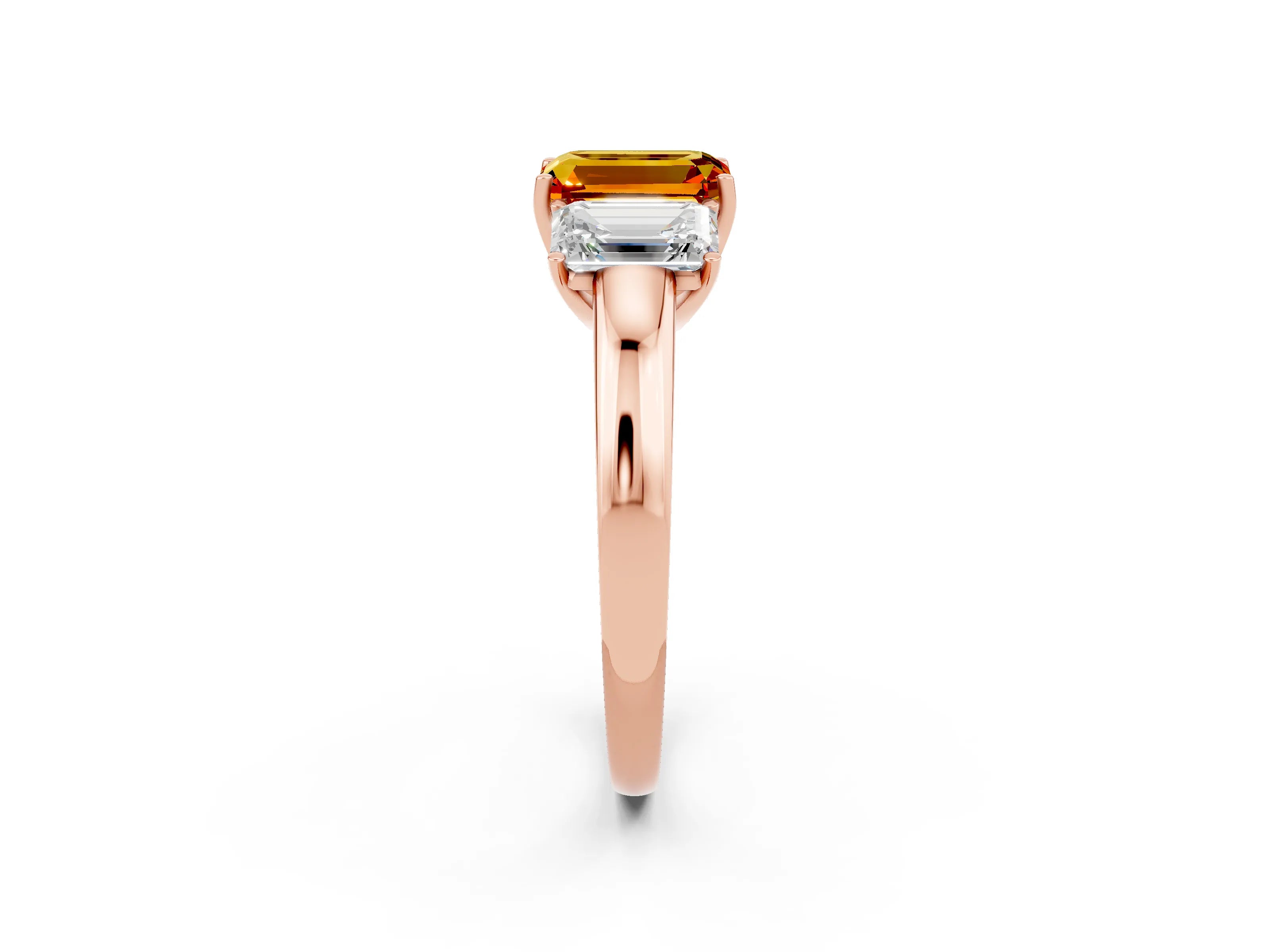Rose gold Emerald Cut Citrine Three-Stone Ring with Four-Prong Setting and Classic Band_2