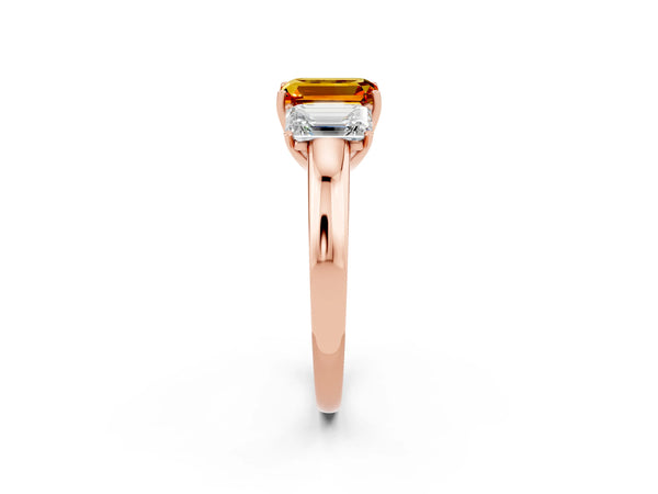 Rose gold Emerald Cut Citrine Three-Stone Ring with Four-Prong Setting and Classic Band