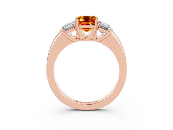 Rose gold Emerald Cut Citrine Three-Stone Ring with Four-Prong Setting and Classic Band