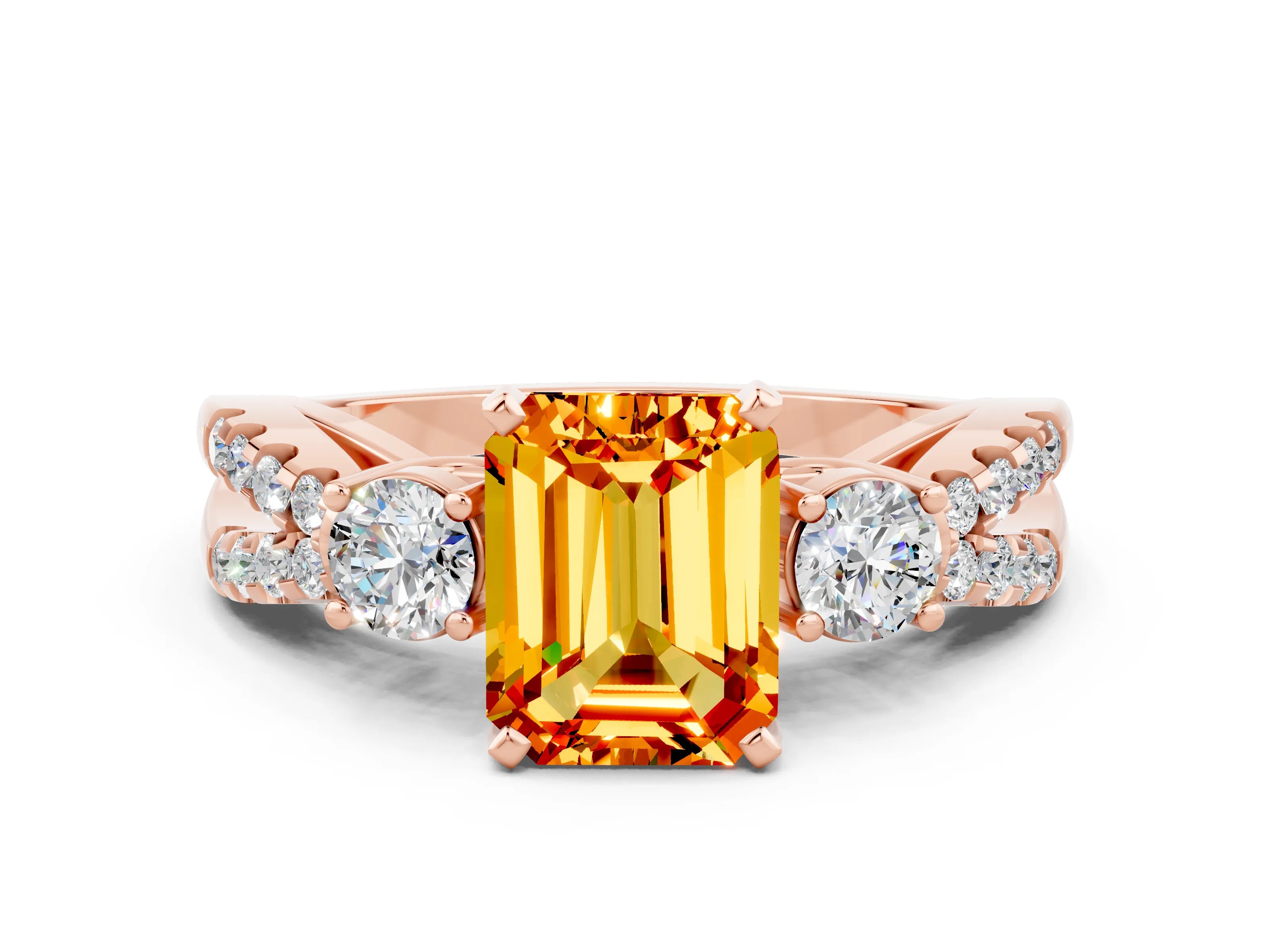 Rose gold Emerald Cut Citrine Three-Stone Ring with Pavé Split Shank and Four-Prong Setting