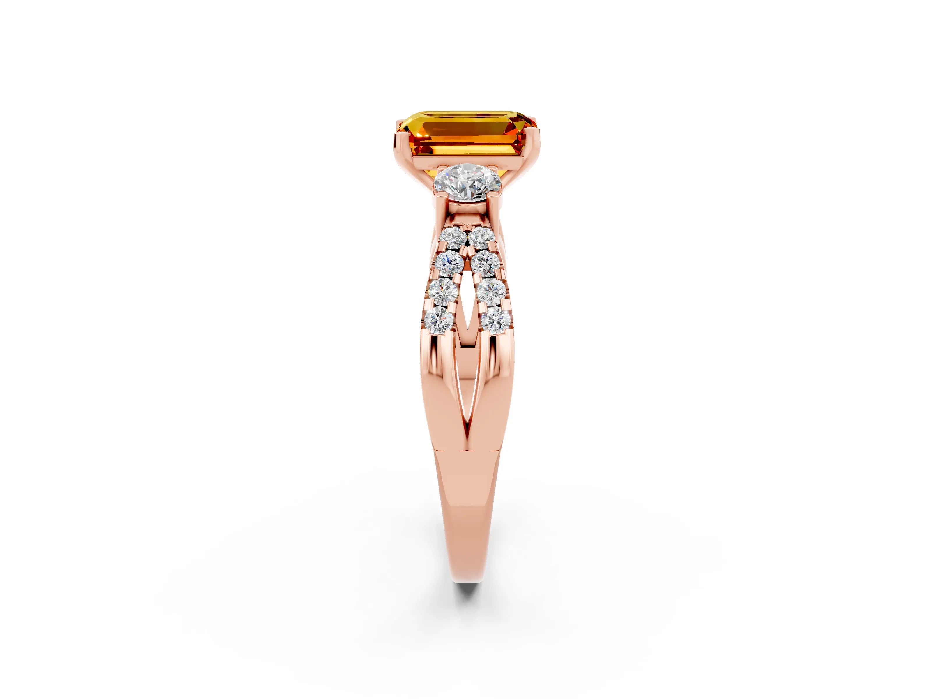 Rose gold Emerald Cut Citrine Three-Stone Ring with Pavé Split Shank and Four-Prong Setting_2