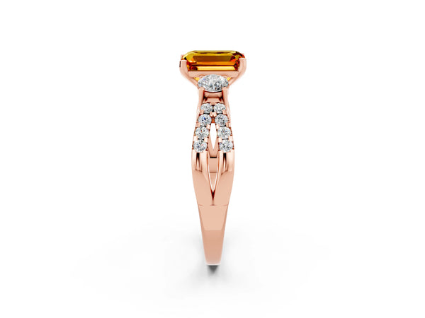 Rose gold Emerald Cut Citrine Three-Stone Ring with Pavé Split Shank and Four-Prong Setting